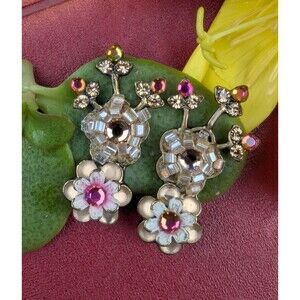Vintage Michal Negrin Silver Clip On Earrings, Crystal Rhinestone Earrings